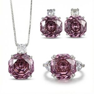Roses Cut Diamond Necklace & Earrings & Ring Jewelry Set