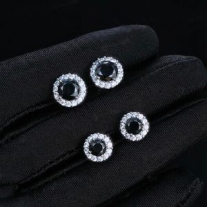 Round Black Halo Moissanite Earrings in S925 Sterling Silver
