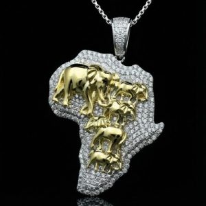 Gold 3D Elephants with Africa Map Pendant