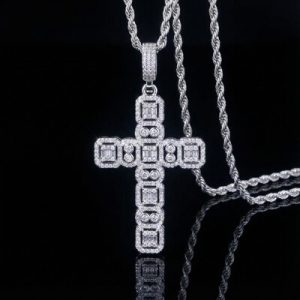 Round and Baguette Cut Cluster Cross Pendant