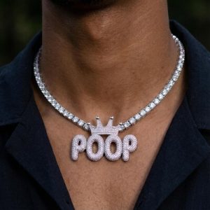 Custom Crown Bubble Letter Pendant in White Gold