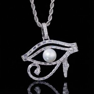 Micro Paved Baguette Pearl Egyptian Eye of Horus Pendant