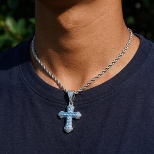 Iced Blue/Red Princess Cut Cross Pendant in White Gold