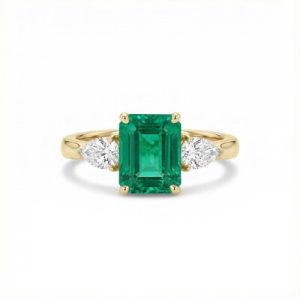 S925 Silver Emerald Diamond Three Stone Engagement Ring