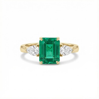 S925 Silver Emerald Diamond Three Stone Engagement Ring