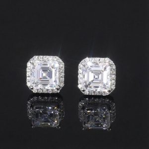 S925 Sterling Silver Moissanite Asscher Cut Halo Claw Earrings