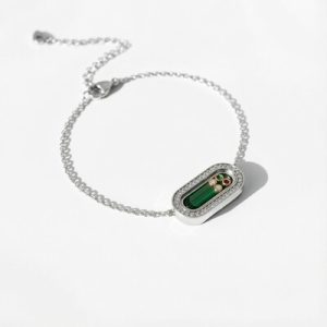 Personalized S925 Silver Malachite & Multi-Gem Oval-Shape Bracelet with Engraving Name/Date