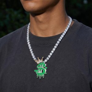 Glow in the Dark Iced Out Crown Dollar Sign Pendant