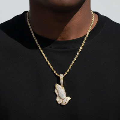 Iced Praying Hands Pendant in Gold
