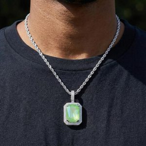 Iced Fluorescent Cube Pendant in White Gold