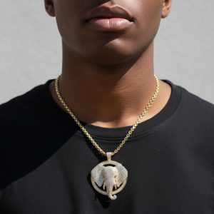 Micro Pave 3D Elephant Head Circle Pendant in Gold