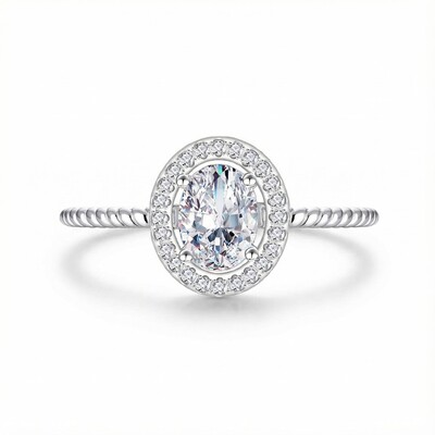 1CT Oval Cut VVS Moissanite S925 Silver Halo Engagement Ring