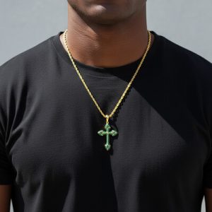 Iced Emerald/Purple/Blue/Black Cross Pendant in Gold