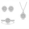 S925 Silver Round Diamond Flower Cluster Necklace & Earrings & Ring Jewelry Set