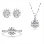 S925 Silver Round Diamond Flower Cluster Necklace & Earrings & Ring Jewelry Set