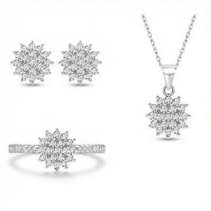 S925 Silver Round Diamond Flower Cluster Necklace & Earrings & Ring Jewelry Set