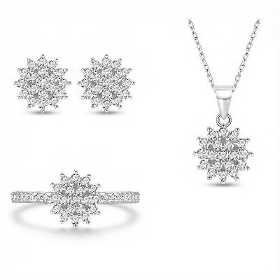 S925 Silver Round Diamond Flower Cluster Necklace & Earrings & Ring Jewelry Set