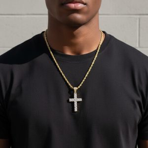 Iced Princess Cut Cross Pendant in Gold