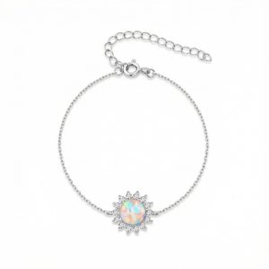 S925 Silver Opal & White Diamond Flower Cluster Bracelet