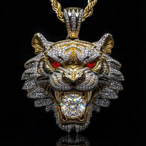 Micro Pave Tiger Bites Round Cut Diamond Pendant