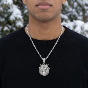 Iced Bear Bites Round Cut Diamond Crown Pendant