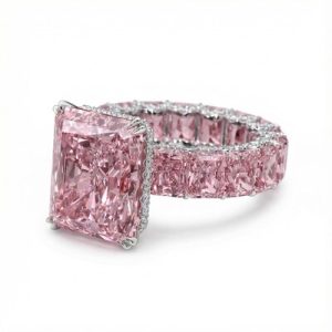 S925 Silver Pink Radiant Cut Pave Halo Engagement Ring