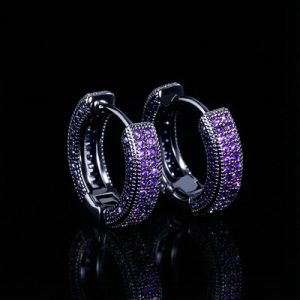 Purple Diamonds Hoop Earrings in Black Gold