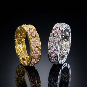 Iced Micro Paved Pink Stone Four Leaf Clover Ring