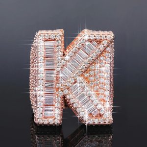 Iced Out Baguette Cut Alphabet Letters Ring in Rose Gold