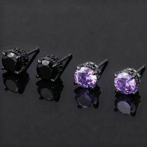 Black/Purple/Blue Round&Baguette Cut Full Paved Earrings in Black Gold
