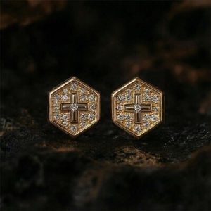 Iced Hexagon with Cross Stud Earrings
