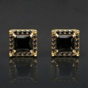 Black Stone Radiant Cut Halo  Stud Earrings
