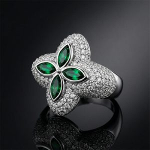 Iced Out Four Leaf Clover Emerald Ring