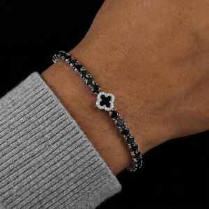 Iced Out Black Four Leaf Clover Tennis Bracelet in White Gold