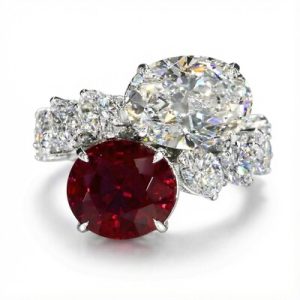 Luxurious Ruby & White Oval Cut Sterling Silver Engagement Ring