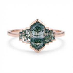 1.6CT Elongated Hexagon Moss Agate Baguette Accented Bridal S925 Silver Engagement Ring